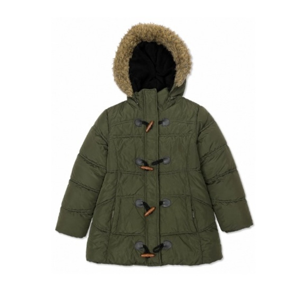 Girls Olive Green Puffer Jacket Faux Fur Hood Toggle Button Quilted Winter Coat